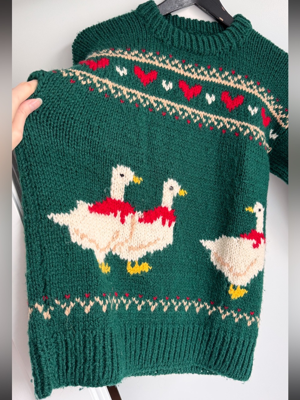 Vintage Hand Knit Duck Sweater Dark Green Chunky Heavyweight Fair Isle Hearts - Picture 4 of 15